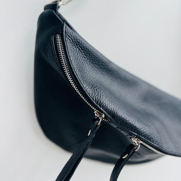 Black Leather Large Waist Bag (silver hardware)