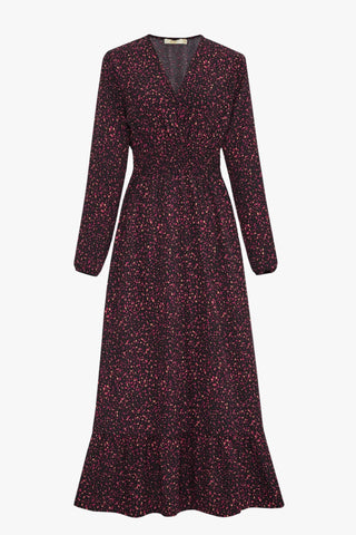 Burgundy Abstract Print Shirred Waist V Neck Midi Dress - with pockets from Sarta
