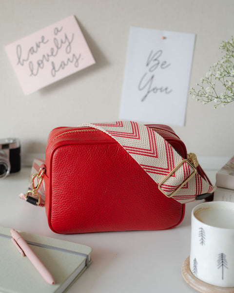 Stone and Red Chevron Bag Strap with red leather tassel bag 