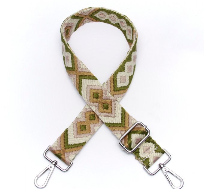 Aztec Olive Green and Tan Woven Bag Strap - silver hardware