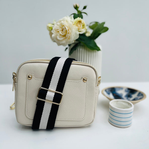 Monochrome Stripe Bag Strap with cream leather double zip bag