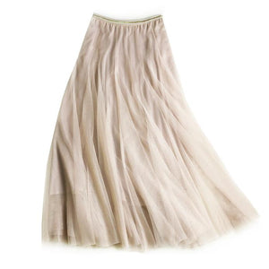 Latte Tulle Midi Skirt with Gold Waistband