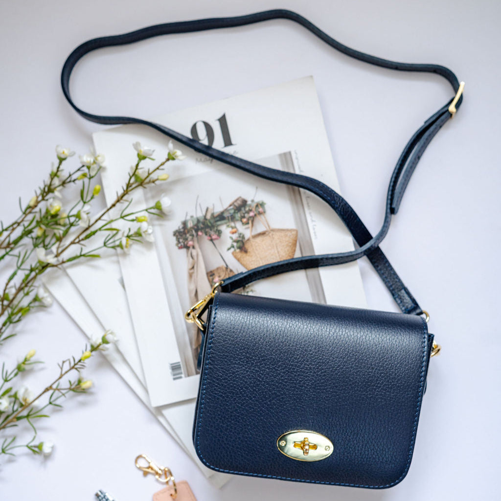 Navy Blue Leather Crossbody Lock Bag – Alice's Wonders UK