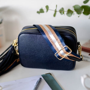 Navy Leather Tassel Cross Body Bag with navy and rose gold bag strap. AnySomething photography