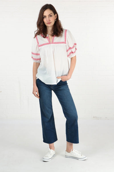 White Short Sleeve Cotton Blouse with Red Embroidery