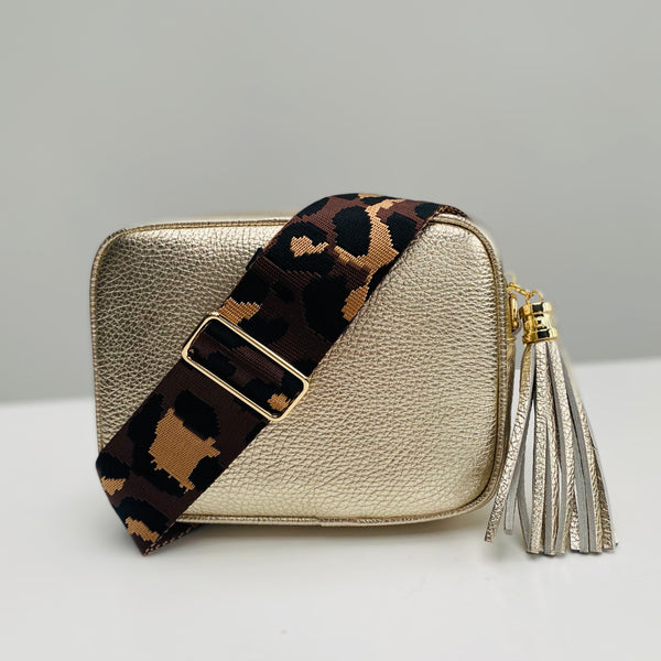 Black and Brown Animal Print Bag Strap with gold Leather Tassel Bag