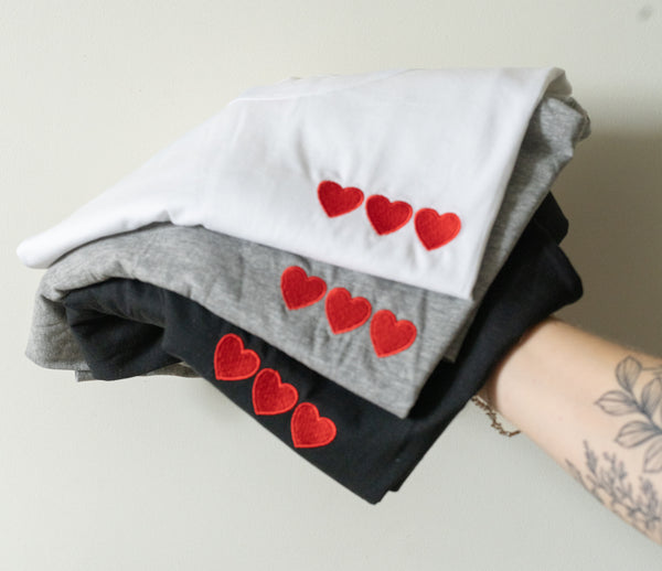 Triple Hearts Embroidered Black Grey White Tee - Boyfriend Fit