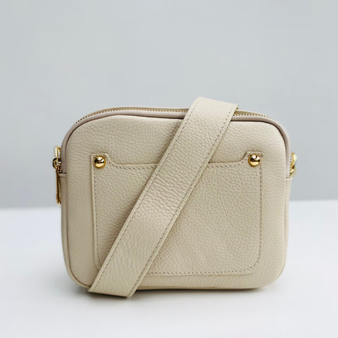 Cream Leather Double Zip Cross Body Bag wide strap