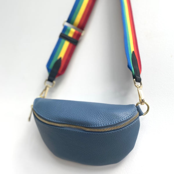Denim Blue Leather Waist Crossbody Bag with Woven Rainbow Bag strap