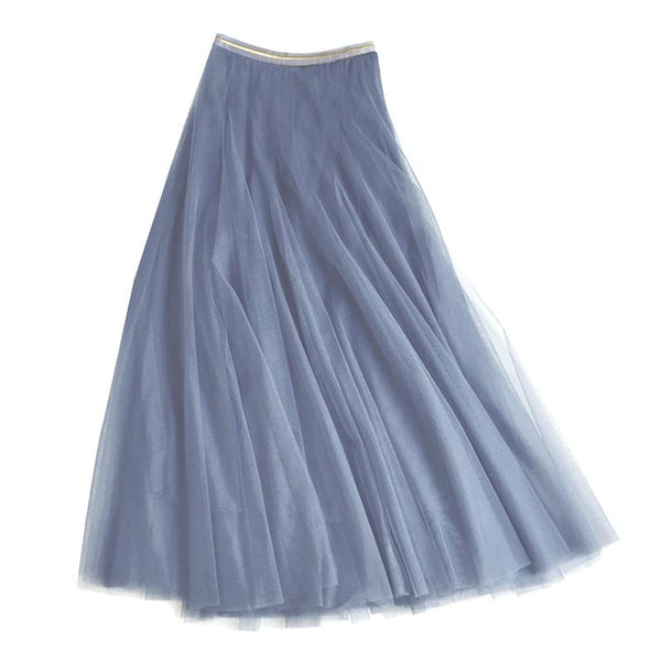 Denim Blue Tulle Midi Skirt with Gold Waistband from Last True Angel at Alice's Wonders