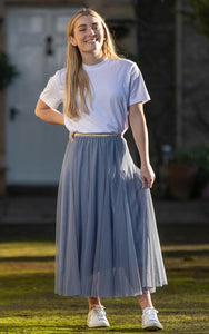 Denim Blue Tulle Midi Skirt with Gold Waistband from Last True Angel at Alice's Wonders with white tee on model