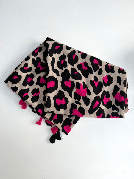 Fuchsia Pink and Black Leopard Print Scarf