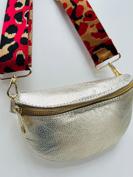 Gold Leather Waist Crossbody Bag with red animlal print bag strap
