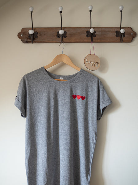 Triple Hearts Embroidered Grey Tee - Boyfriend Fit