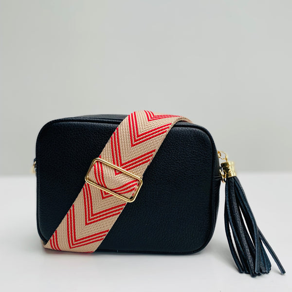 Stone and Red Chevron Bag Strap with black leather tassel bag