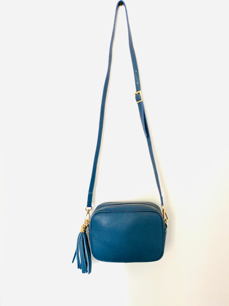 Denim Blue Leather Tassel Cross Body Bag
