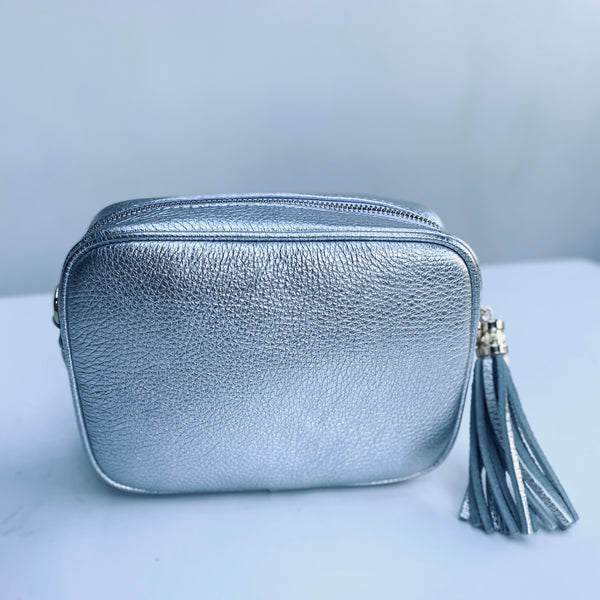 Silver Leather Tassel Cross Body Bag