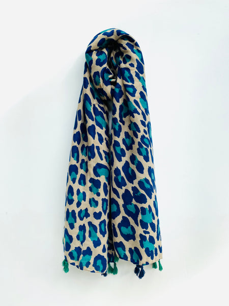 Jade Green and Navy Leopard Print Scarf