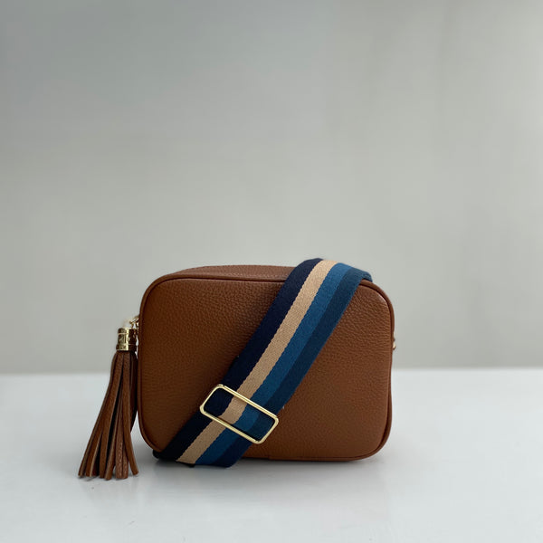 Tan Leather Tassel Cross Body Bag with blues stripe bag strap