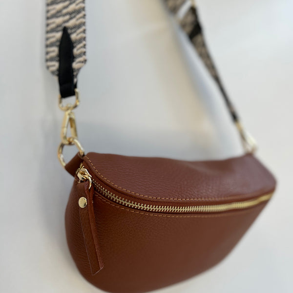 Large Tan Leather Waist Crossbody Bag monochrome woven bar bag strap