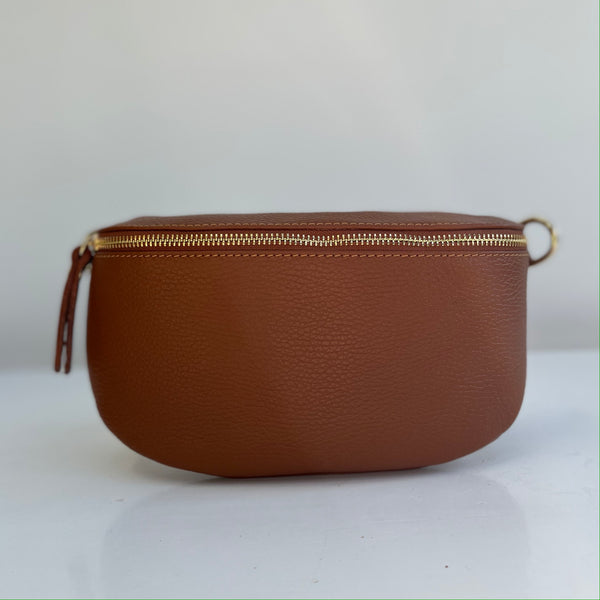 Large Tan Leather Waist Crossbody Bag