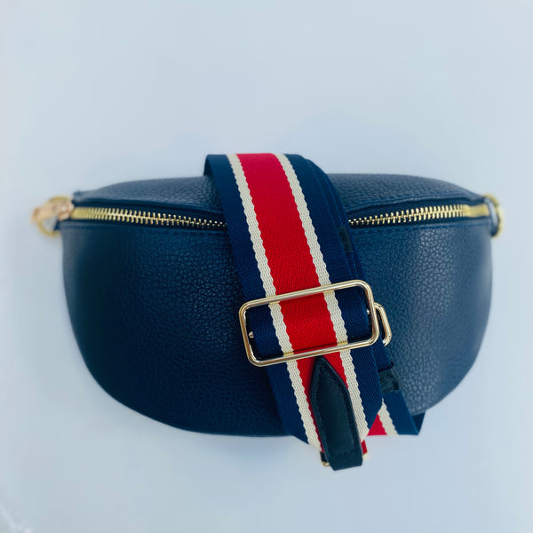 Navy Blue Leather Waist Crossbody Bag with red, navy and white bag strap