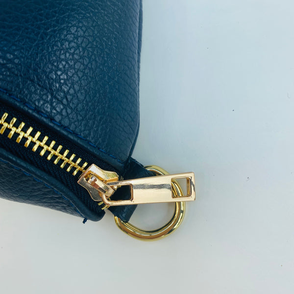 Navy Blue Leather Waist Crossbody Bag Zip Detail