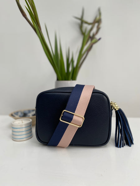 Navy Leather Tassel Cross Body Bag with blush and navy stripe stripe bag strap