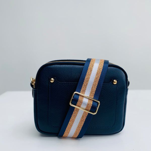Navy Leather Double Zip Cross Body Bag with navy and rose gold bag strap