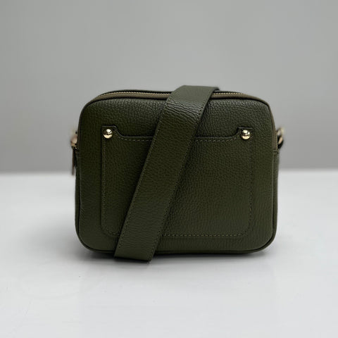 Olive Green Leather Double Zip Cross Body Bag