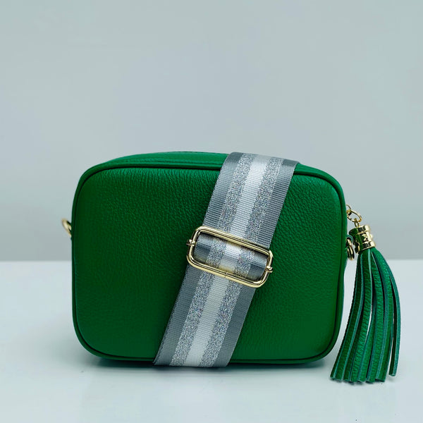 Green Leather Tassel Cross Body Bag with pale grey and silver stripe bag strap