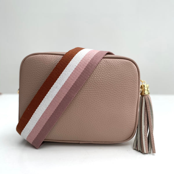 Rose Pink Leather Tassel Cross Body Bag with pinks and tan bag strap