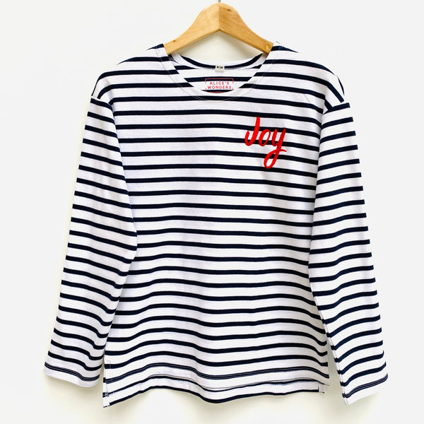 END OF LINE Joy Breton Tee - White/Navy - Small - Embroidery on Cuff