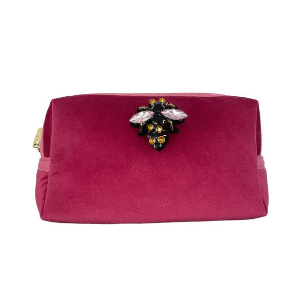 Bright Pink Velvet Make Up Bag with Jewel Bee Pin (two sizes) Sixton London