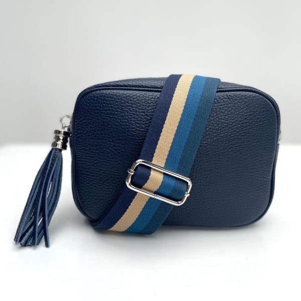 Blues and Stripe Bag Strap (silver hardware) with navy leather tassel bag