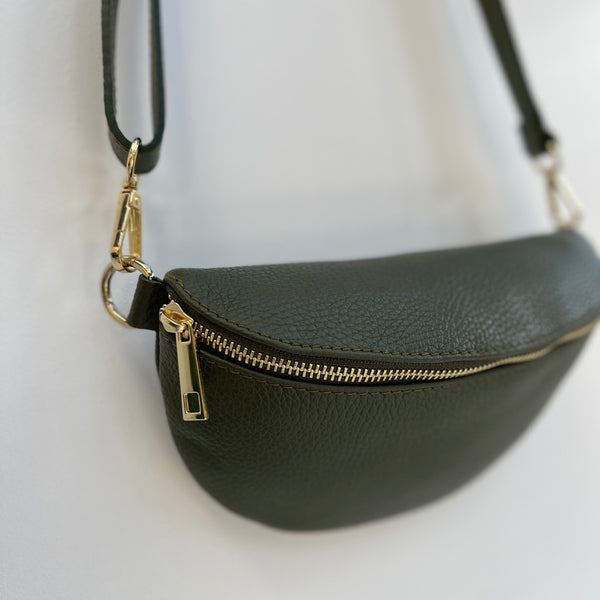 Olive Green Leather Waist Crossbody Bag