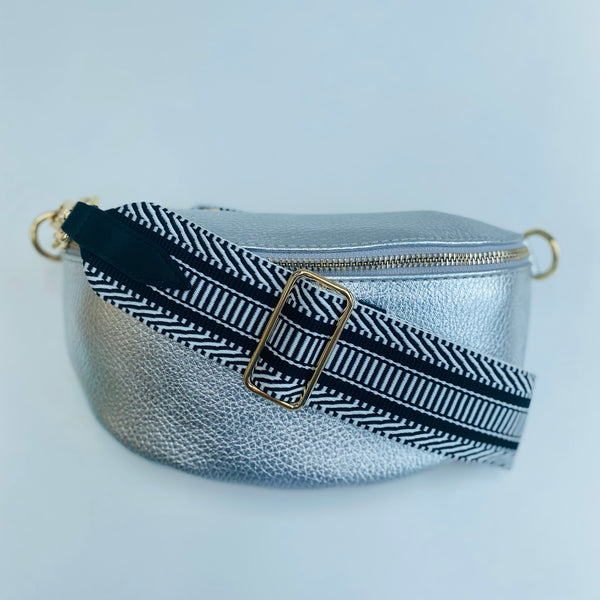 Silver Leather Waist Crossbody Bag with the monochrome bar pattern strap