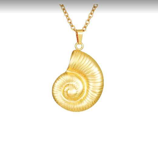 Gold ammonite pendnt on a white background