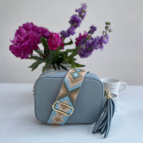 Baby Blue and Olive Green Woven Bag Strap with baby blue leather tassel bag
