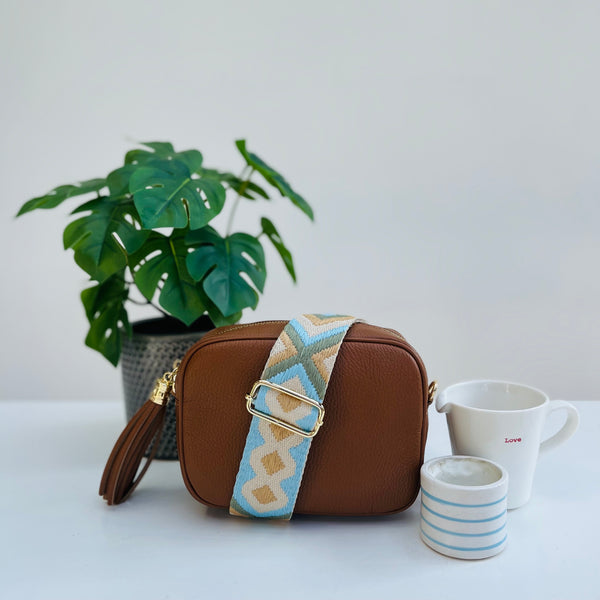 Baby Blue and Olive Green Woven Bag Strap with tan leather tassel bag