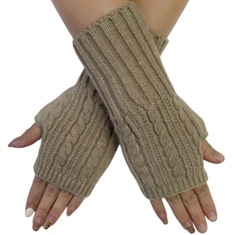 Pair of beige knitted fingerless gloves on a white background