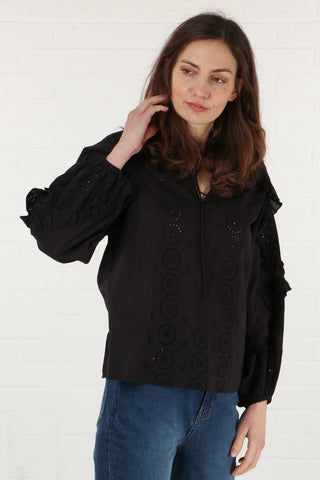 Black Broderie Cotton Blouse with Frill Sleeve