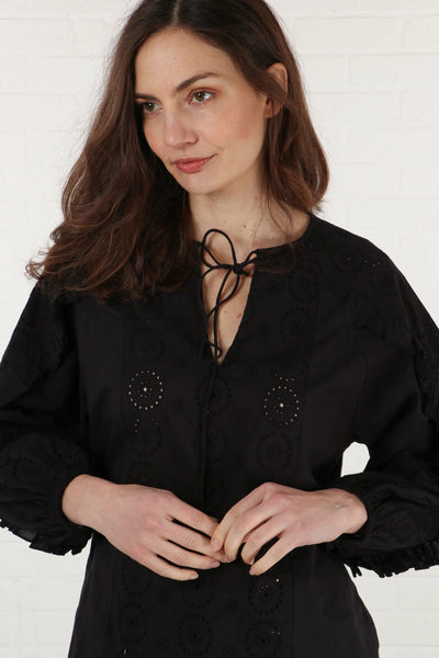 Black Broderie Cotton Blouse with Frill Sleeve
