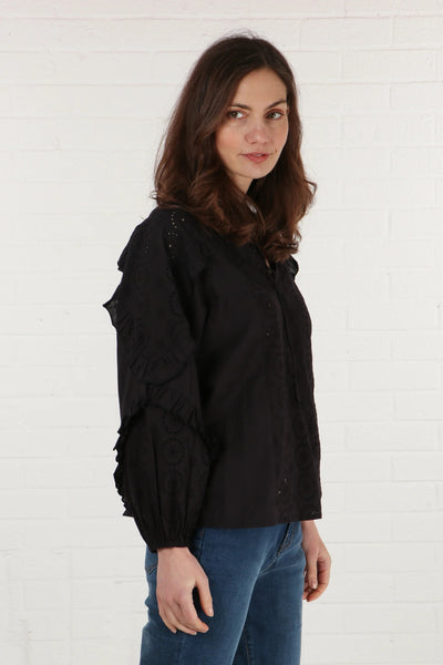 Black Broderie Cotton Blouse with Frill Sleeve