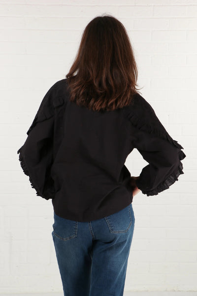 Black Broderie Cotton Blouse with Frill Sleeve