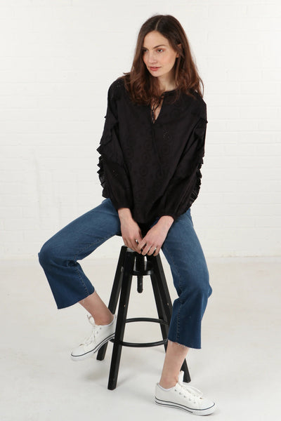 Black Broderie Cotton Blouse with Frill Sleeve