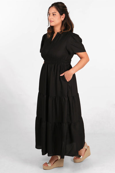 Black Puffed Sleeve Tiered Dress with pockets from Sarta