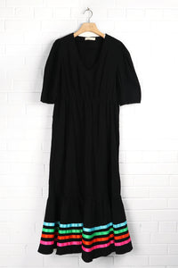 Black Ribbon Trim Tiered Cotton Dress