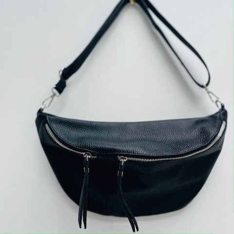 Black Leather Large Waist Bag (silver hardware)