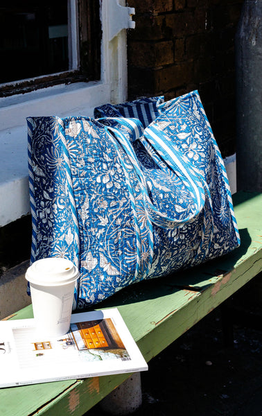 Blue and White Floral Print Large Cotton Tote Bag